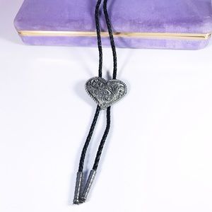 Vintage western bolo tie heart shape Black leather